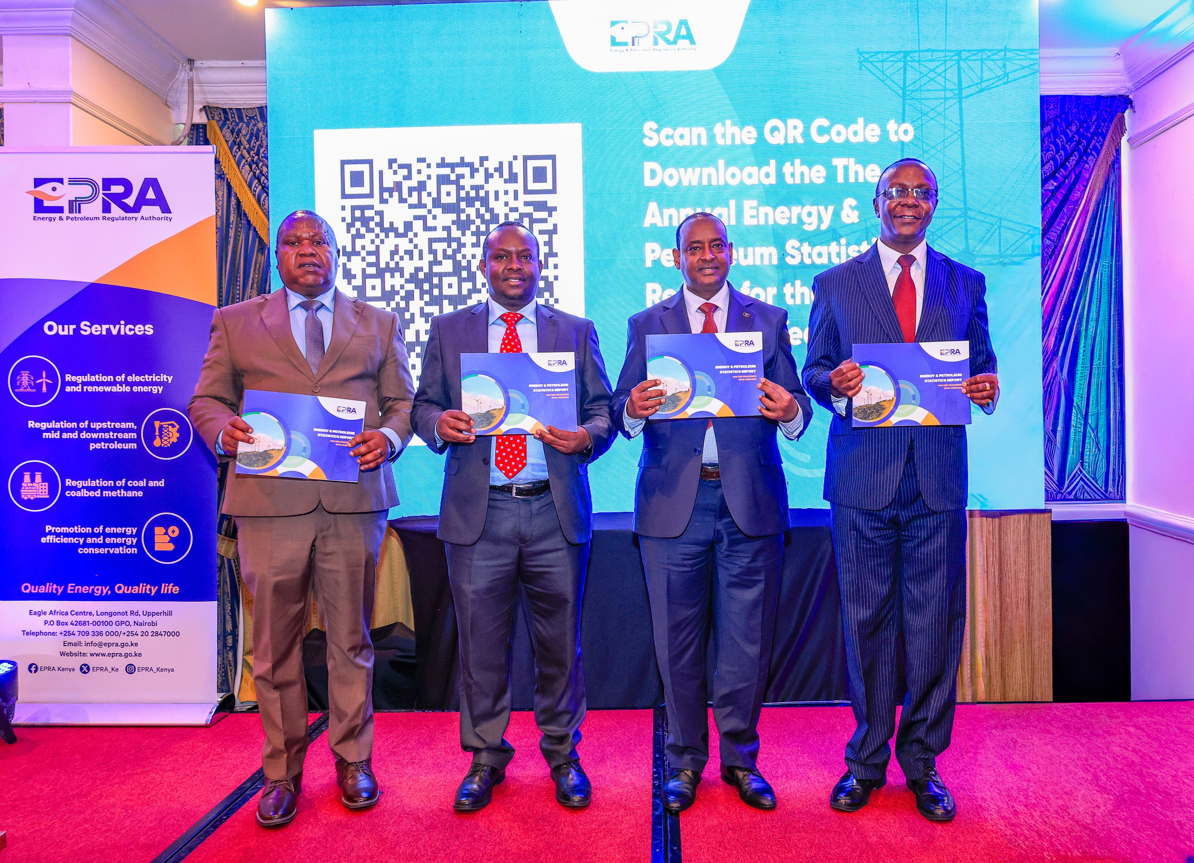 From Left to Right (Dr. John M. Mutua, Director, Economic Regulation and Planning EPRA, Cyprian M. Nyakundi Director of Public Education, Advocacy, and Consumer Protection EPRA, Mohamed Birik, Administration Secretary, State Department for Petroleum and Mr. David Wanyonyi Secretary for Administration State Department for Energy) display copies of the Just released Annual Energy and Petroleum Statistics Report for FY 2025/2026