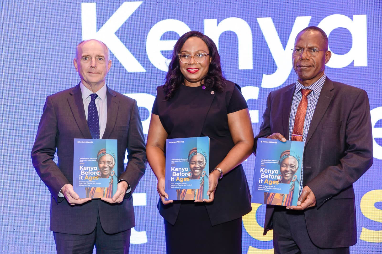 From left: Jonathan Stichbury, Managing Director and Chief Executive Officer, SanlamAllianz Investments Limited; Jacqueline Karasha, Chief Executive Officer and Principal Officer, Sanlam Allianz Life Insurance (Kenya) Limited; and Dr Nyamemba Patrick Tumbo, Group Chief Executive Officer, SanlamAllianz Kenya, at the launch of the inaugural SanlamAllianz Kenya Retirement Benchmark Report 2026, "Kenya Before It Ages", in Nairobi on 12 October 2026. The study found that seven in 10 Kenyans are not on track for a comfortable retirement.